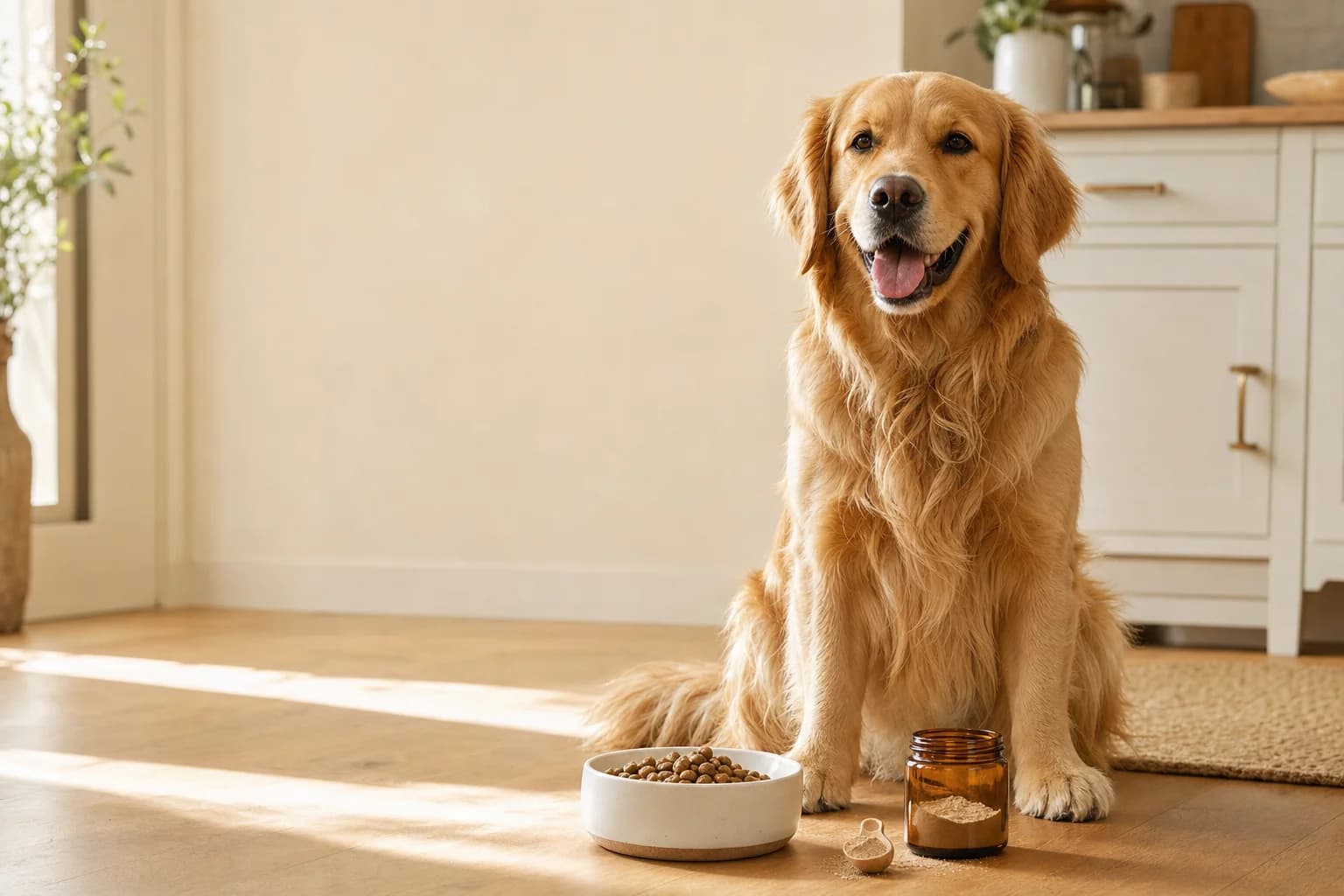 Furpawss dog dental powder with a happy golden retriever